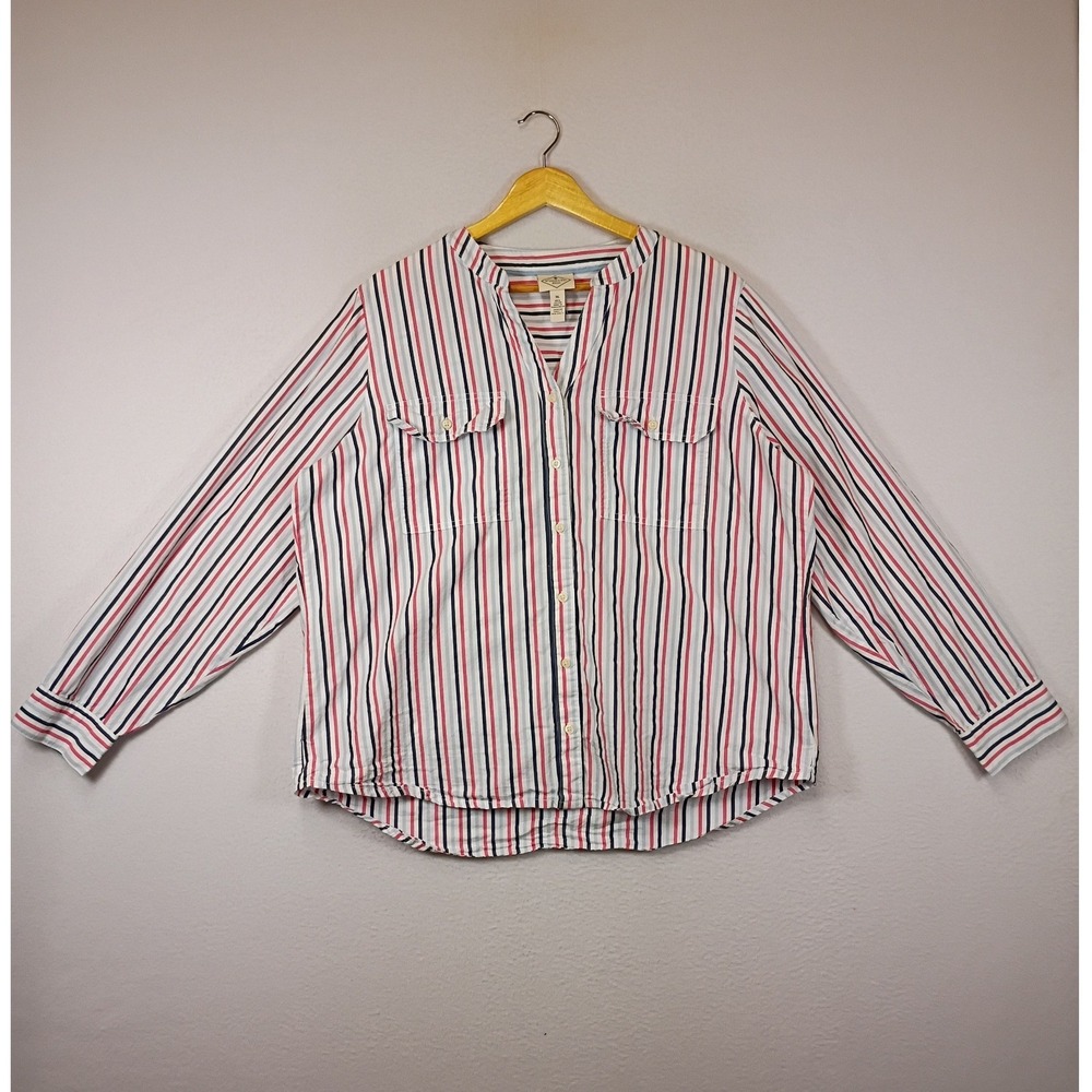 Nautical Preppy St. Johns Bay Women XL Red White Blue Striped Cotton Button Down